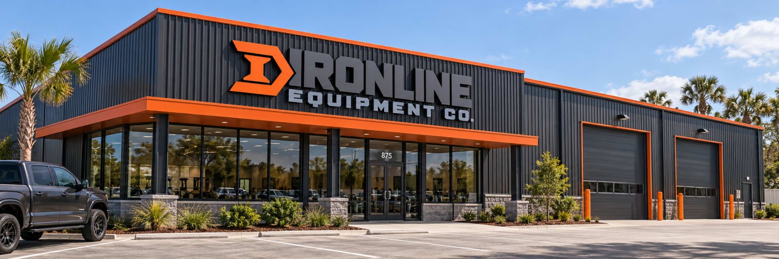 The Ironline Equipment Co. shop: a dark metal building with bright orange trim, glass storefront and two service bays.